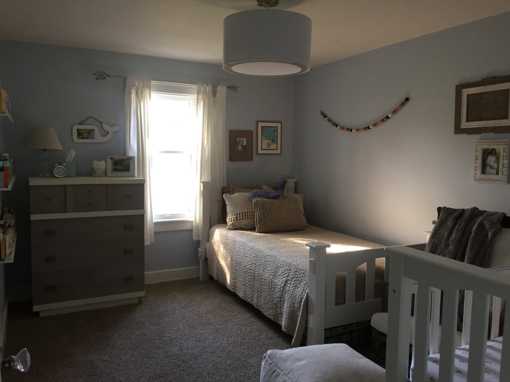 Our new nursery/guest room. I love having a twin bed in the nursery--thinking it will be great for nights when baby is up at long stretches, or if any one of the kiddos is having a rough night, since our bedroom is on a different floor. 